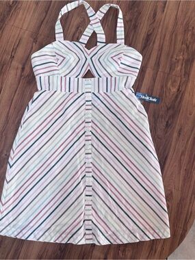 Modcloth Sunset Cruise Cotton White Multicolored Stripes Dress Keyhole Bust